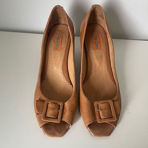 Miz Mooz Vintage Nude Wedge Heels Sz 6 Buckle Square Peep Toe Leather Farah - Picture 3 of 9